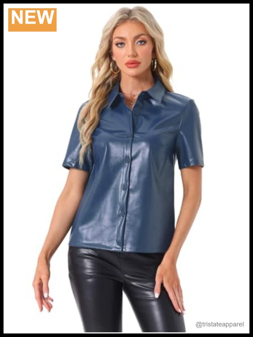 PU Leather Button Down Short Sleeve Blouse Jacket Party Club Top Women